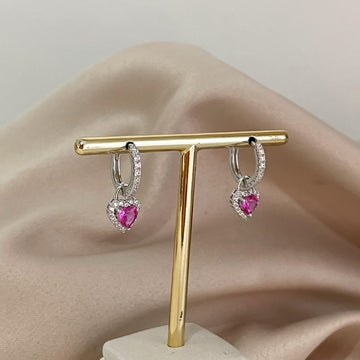 Argola Prata Pingente Coração Rosa