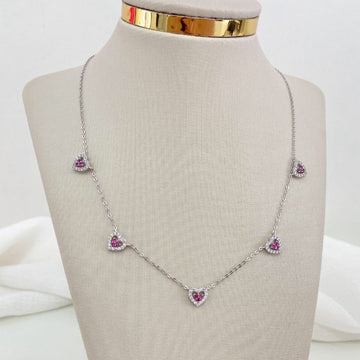 Gargantilha Prata 5 Corações Rosa Cristal