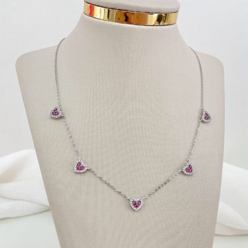 Gargantilha Prata 5 Corações Rosa Cristal