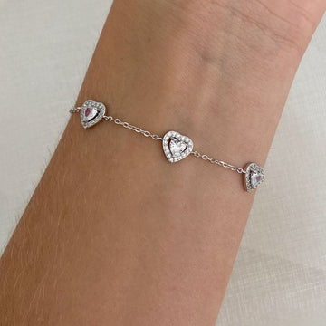 Pulseira Prata 3 Corações Cravejada