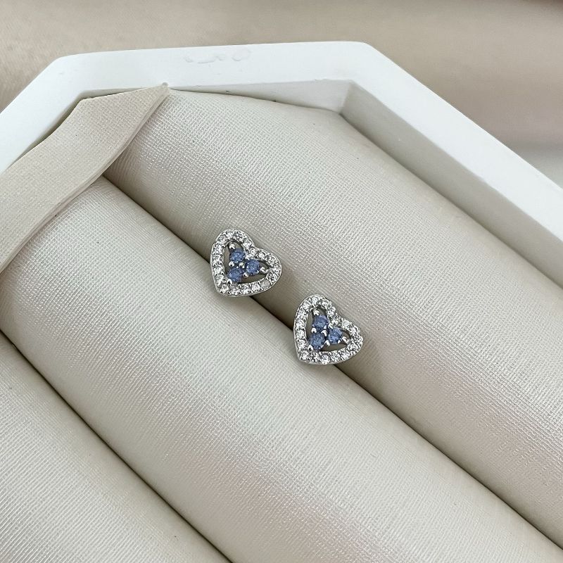 Brinco Prata Coração Cristal Azul