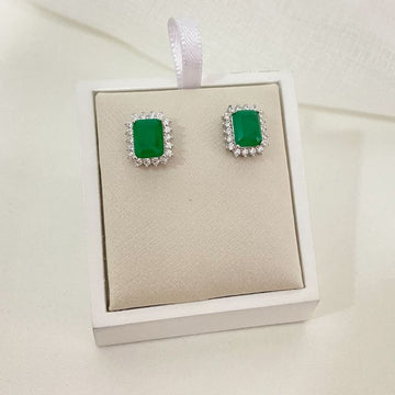 Brinco Prata Pedra Verde Escura Q Cravejado 6mm