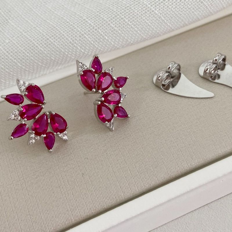 Brinco Prata Earcuff Rosa Cravejado