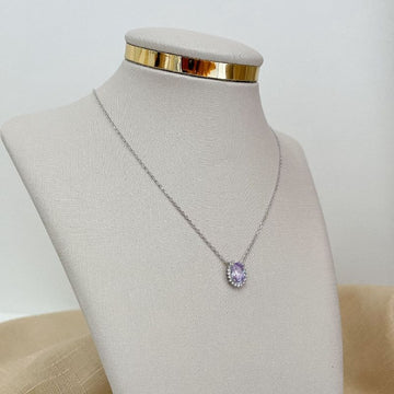Gargantilha Prata Pedra Lilás Cravejada 7x5mm