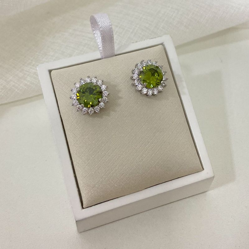 Brinco Prata Pedra Verde Lima Cravejado