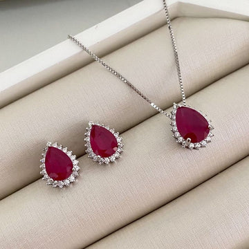 Conjunto Prata Gota Vermelha 7 8mm 45cm