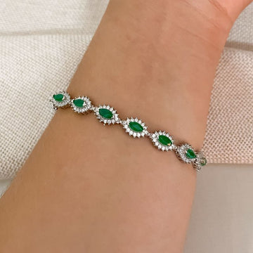 Pulseira Prata Pedra Verde Cravejada