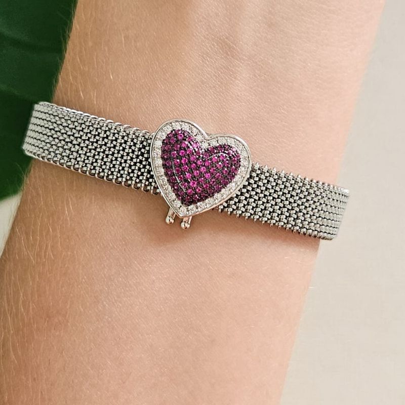 Pingente Prata Pulseira Coração Cravejado