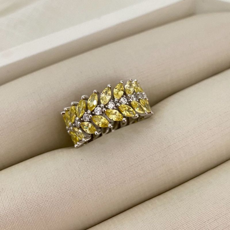 Anel Prata Aliança Cristal/Amarelo