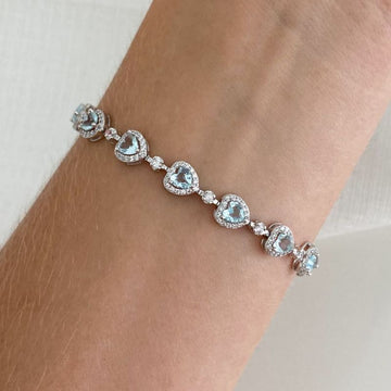Pulseira Prata Coração Azul Claro Cravejado 17cm 4mm