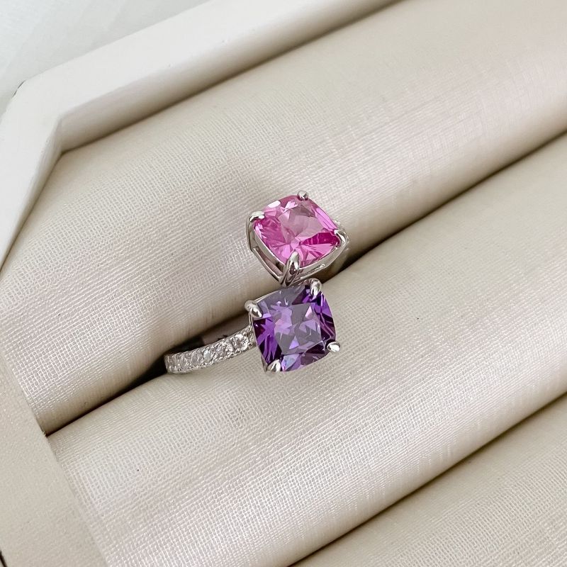 Anel Prata 2 Pedra Rosa Roxo