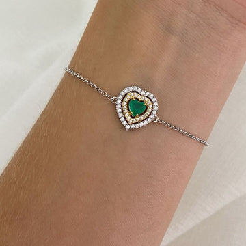 Pulseira Prata Coração Amarelo/Verde Cravejada