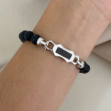 Pulseira Prata Bolinhas Preta Placa Cravejada 21cm
