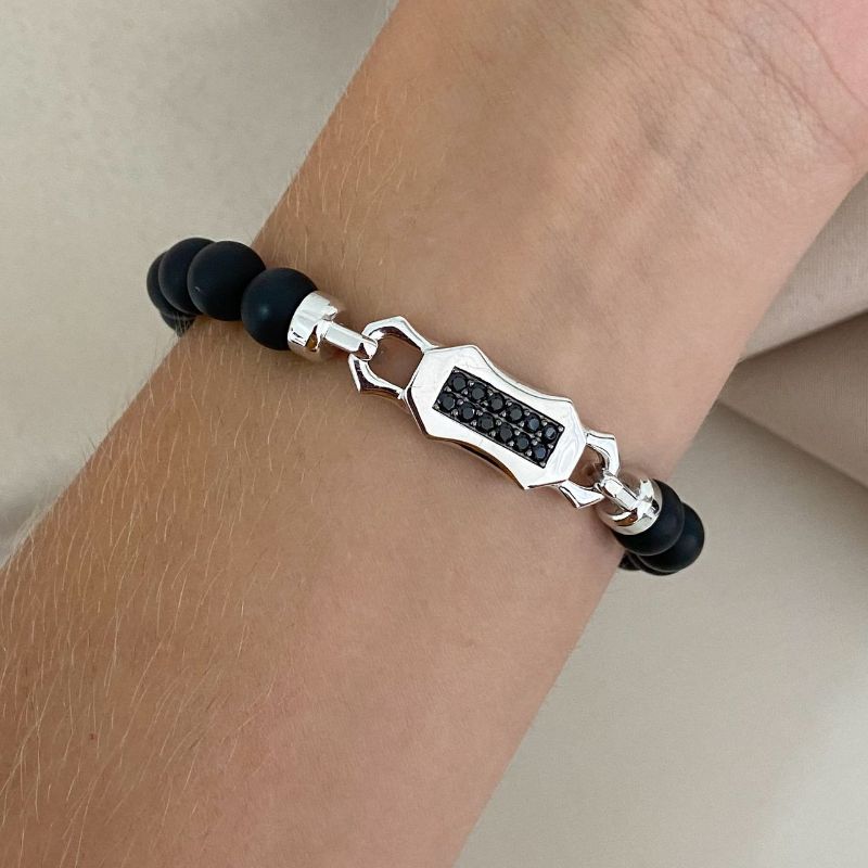 Pulseira Prata Bolinhas Preta Placa Cravejada 21cm