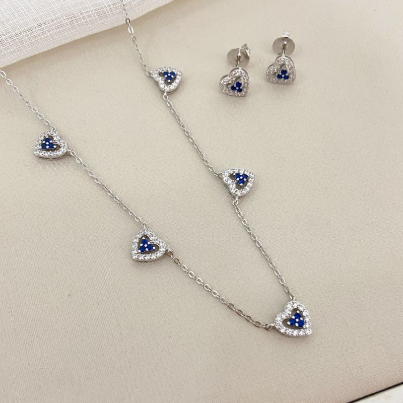Conjunto Prata Corações Cravejado
