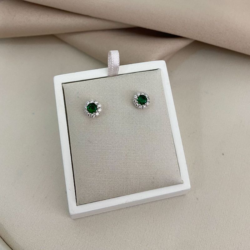 Brinco Prata Pedra Verde Cravejada