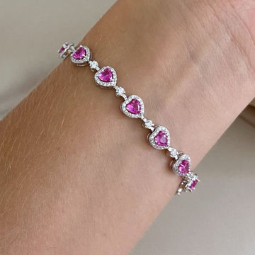 Pulseira Prata Coracoes Rosa 4mm