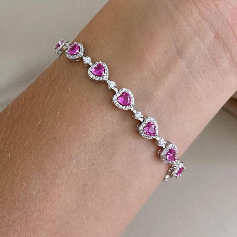 Pulseira Prata Coracoes Rosa 4mm