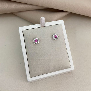 Brinco Prata Flor Rosa Cravejada