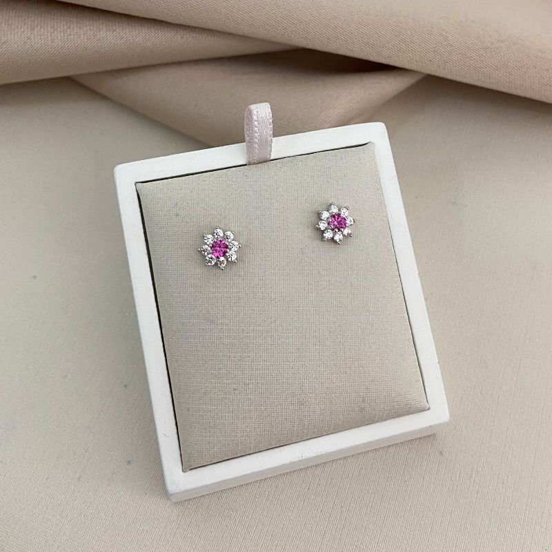 Brinco Prata Flor Rosa Cravejada