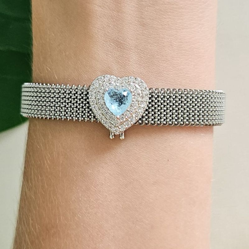 Pingente Prata Pulseira Coração Cravejado Azul