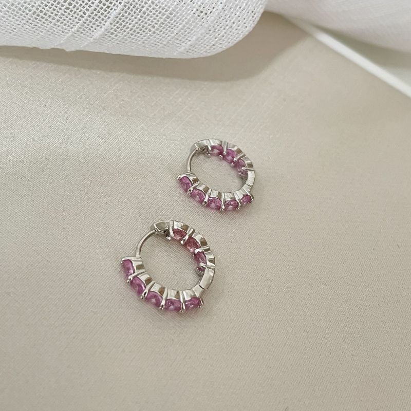 Argola Prata Pedra Rosa Claro