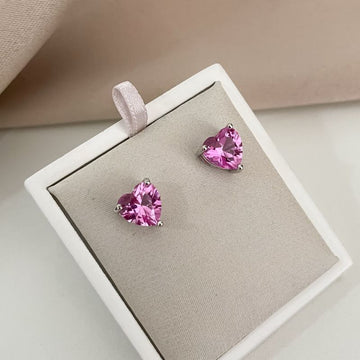 Brinco Prata Coração Rosa Cristal