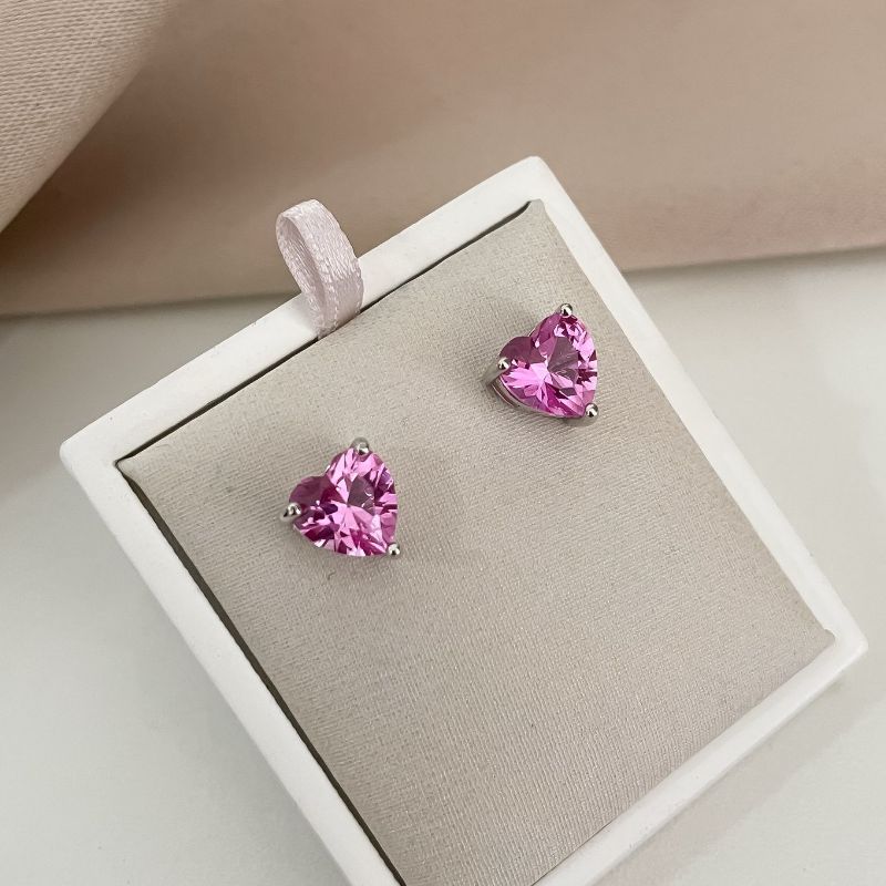 Brinco Prata Coração Rosa Cristal