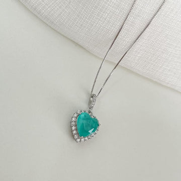 Gargantilha Prata Coração Verde Claro Cravejada Extensor 40cmm 10mm