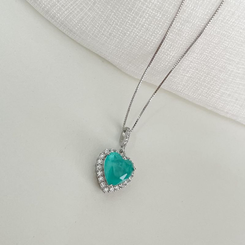 Gargantilha Prata Coração Verde Claro Cravejada Extensor 40cmm 10mm