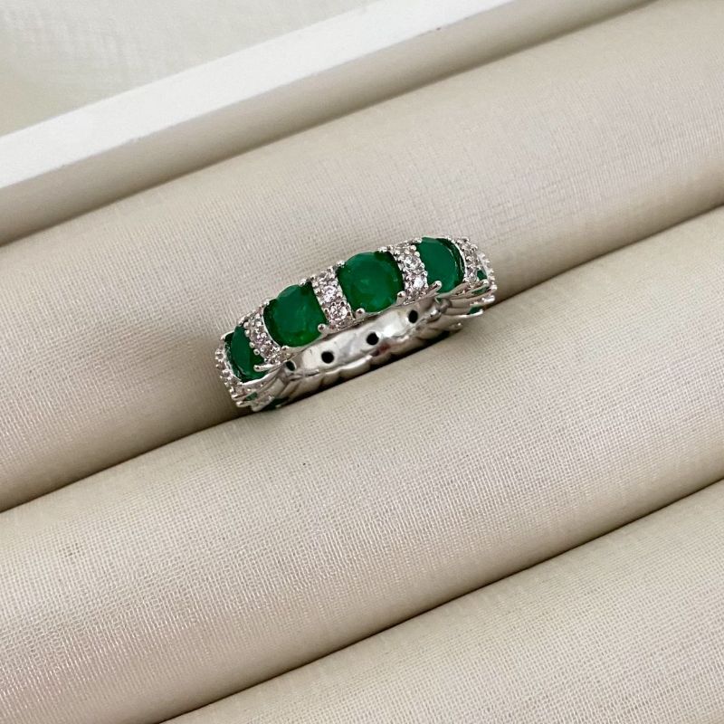 Anel Prata Pd Verde/Cravejado