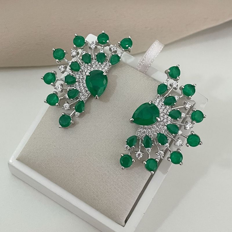 Brinco Prata Pedra Verde Cravejada