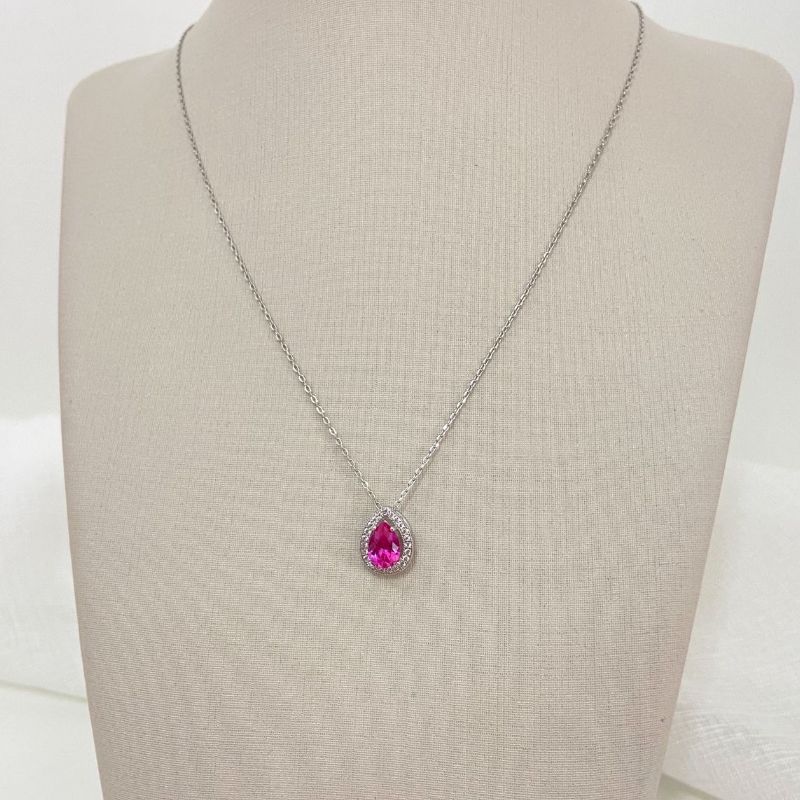 Gargantilha Prata Gota Rosa 1f 5mm 45cm Cravejada