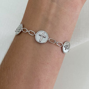 Pulseira Prata Cruz/Divino/Placa Frase