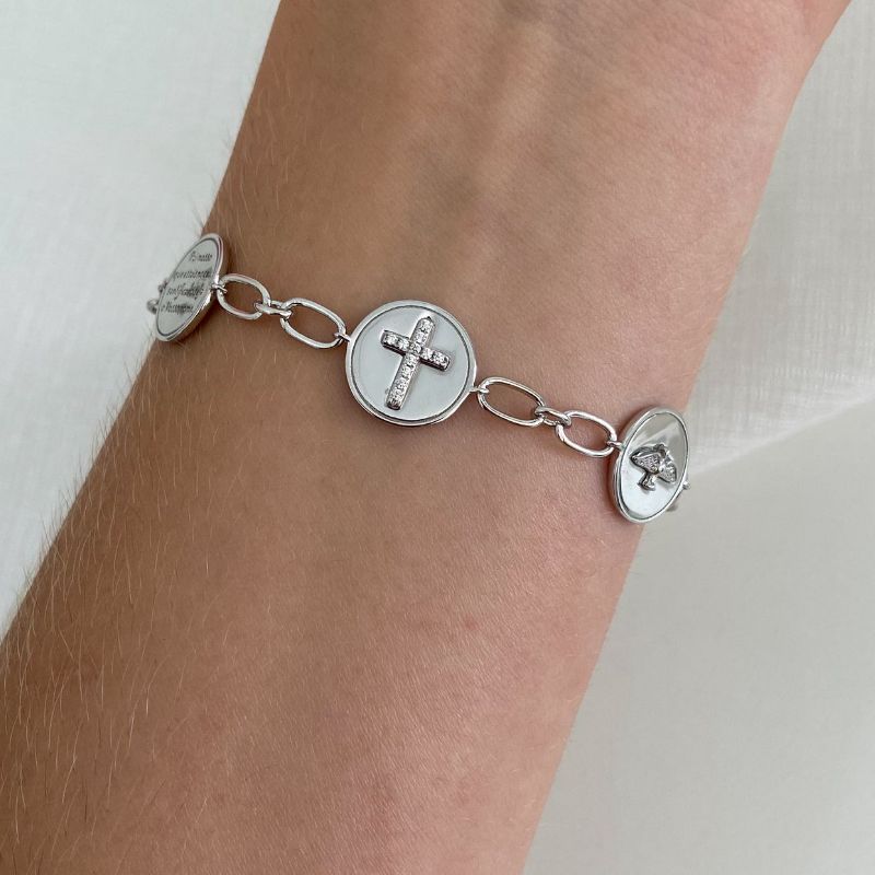 Pulseira Prata Cruz/Divino/Placa Frase