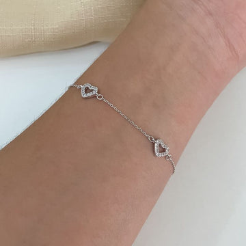 Pulseira Prata 3 Corações Cravejado