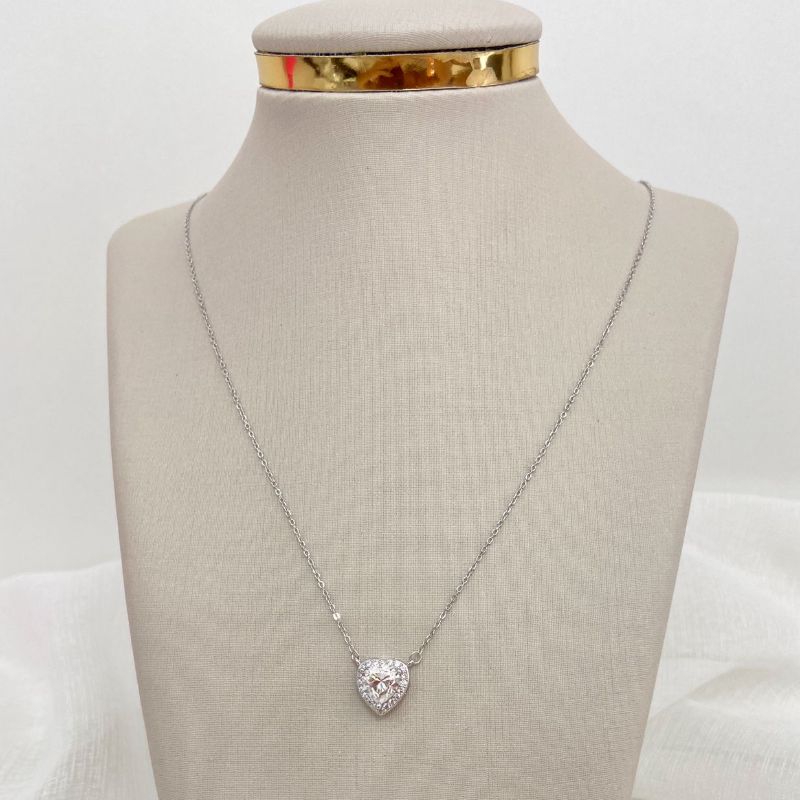 Gargantilha Prata Coração Cristal Cravejado Moissanite