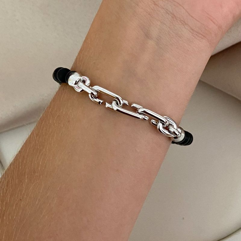 Pulseira Prata Bolinhas Preta Corrente R 21cm