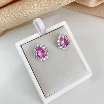 Brinco Prata Gota Rosa Cravejado