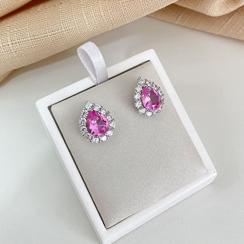 Brinco Prata Gota Rosa Cravejado