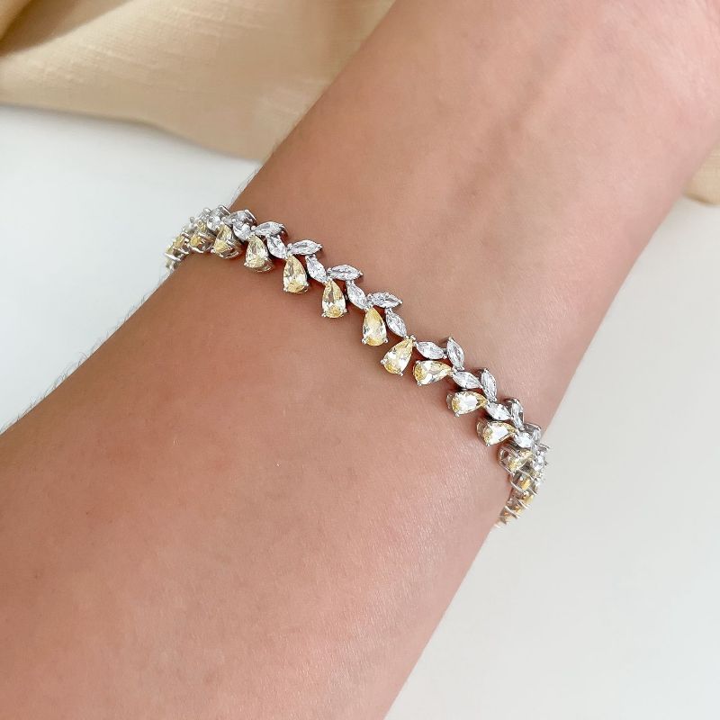 Pulseira Prata em Pedras Amarelas Cristais 17cm 4mm