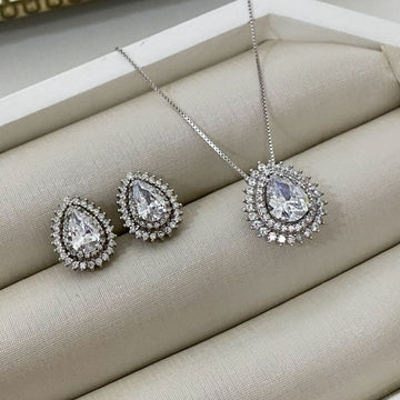 Conjunto Prata Gota Cristal Cravejado 7 8mm