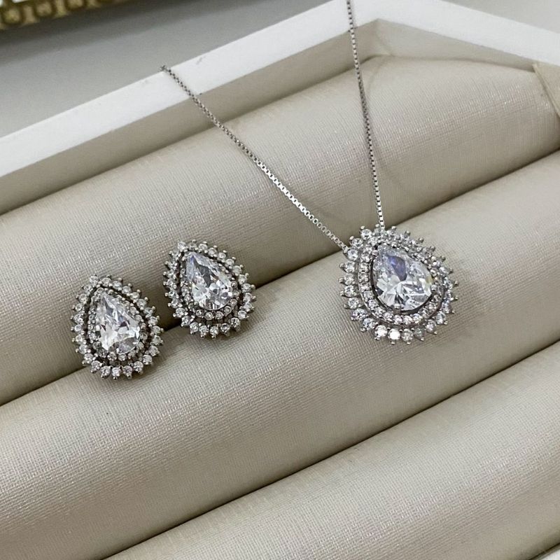Conjunto Prata Gota Cristal Cravejado 7 8mm