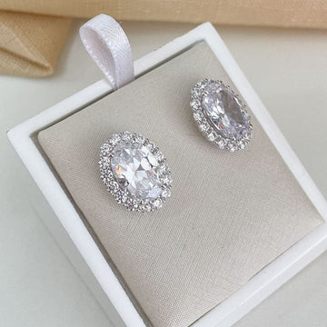 Brinco Prata Pedra Oval Cristal Cravejado 12x8mm