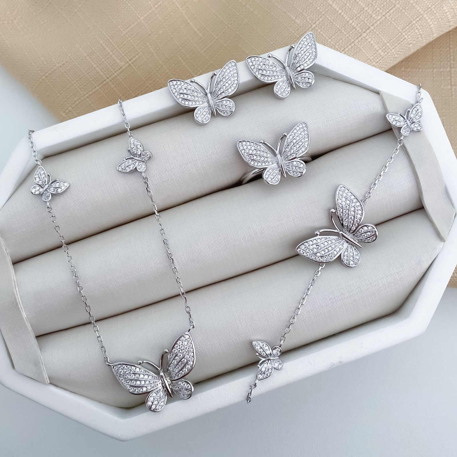 Conjunto Prata Borboleta Cravejado