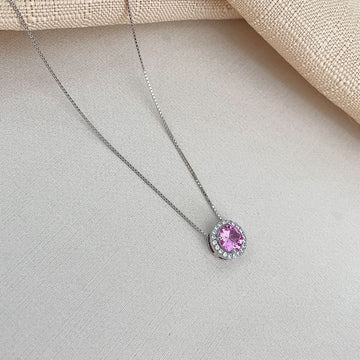 Gargantilha Prata Pedra Rosa Cravejada