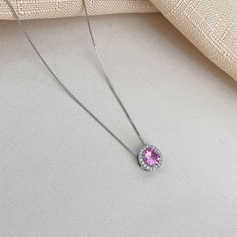 Gargantilha Prata Pedra Rosa Cravejada