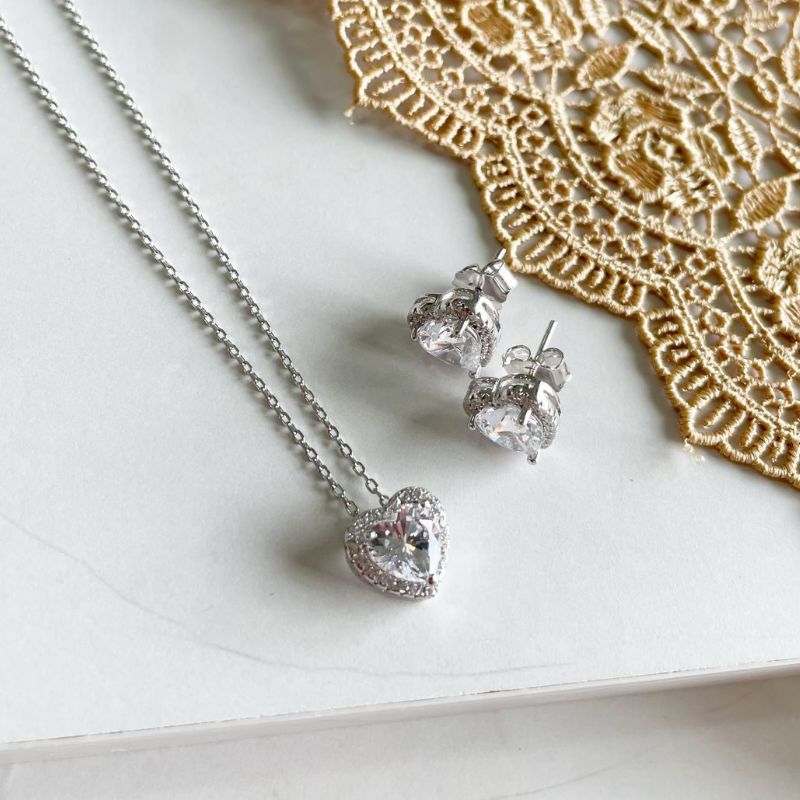 Conjunto Prata Coração Cristal