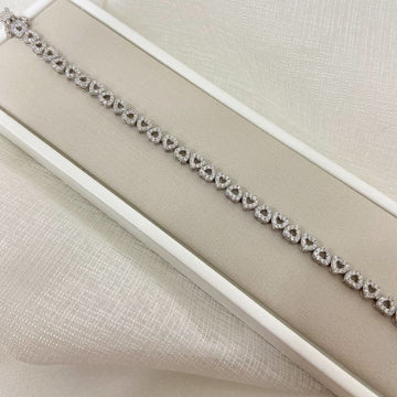 Pulseira Prata Corações Cravejada 1mm 17cm