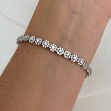 Pulseira Prata Flores Cravejada 17cm 2mm